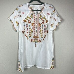 Johnny Was Primavera Cupra Blouse White Floral Embroidered Boho Short Sleeve S